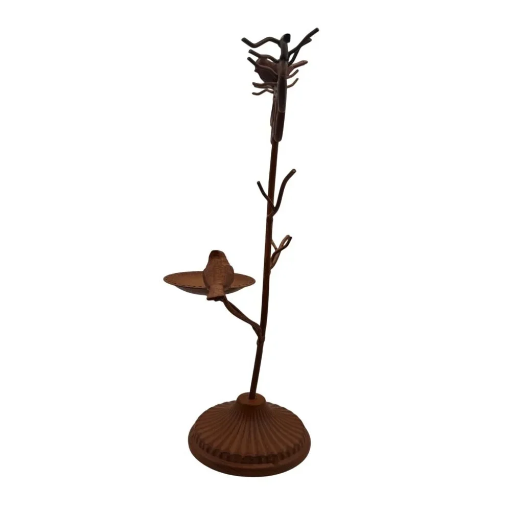 Bird Branch Metal Jewelry Holder Tree With Tray Iron Brown Finish Decorative Acc